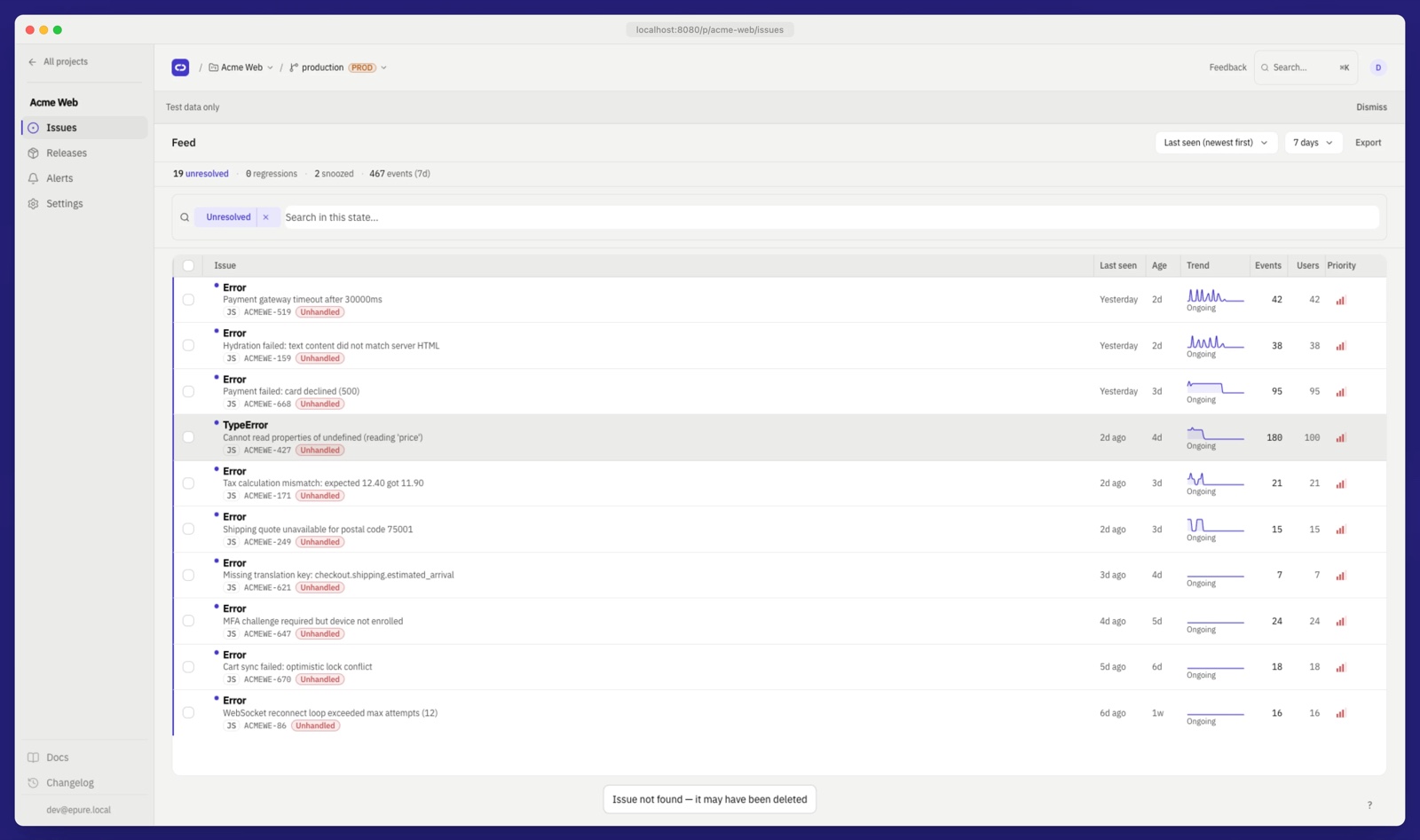 Epure's Issues dashboard: a feed of unresolved errors — payment gateway timeouts, hydration failures, card declines — with last-seen times, sparkline trends, event and user counts, and priority bars.