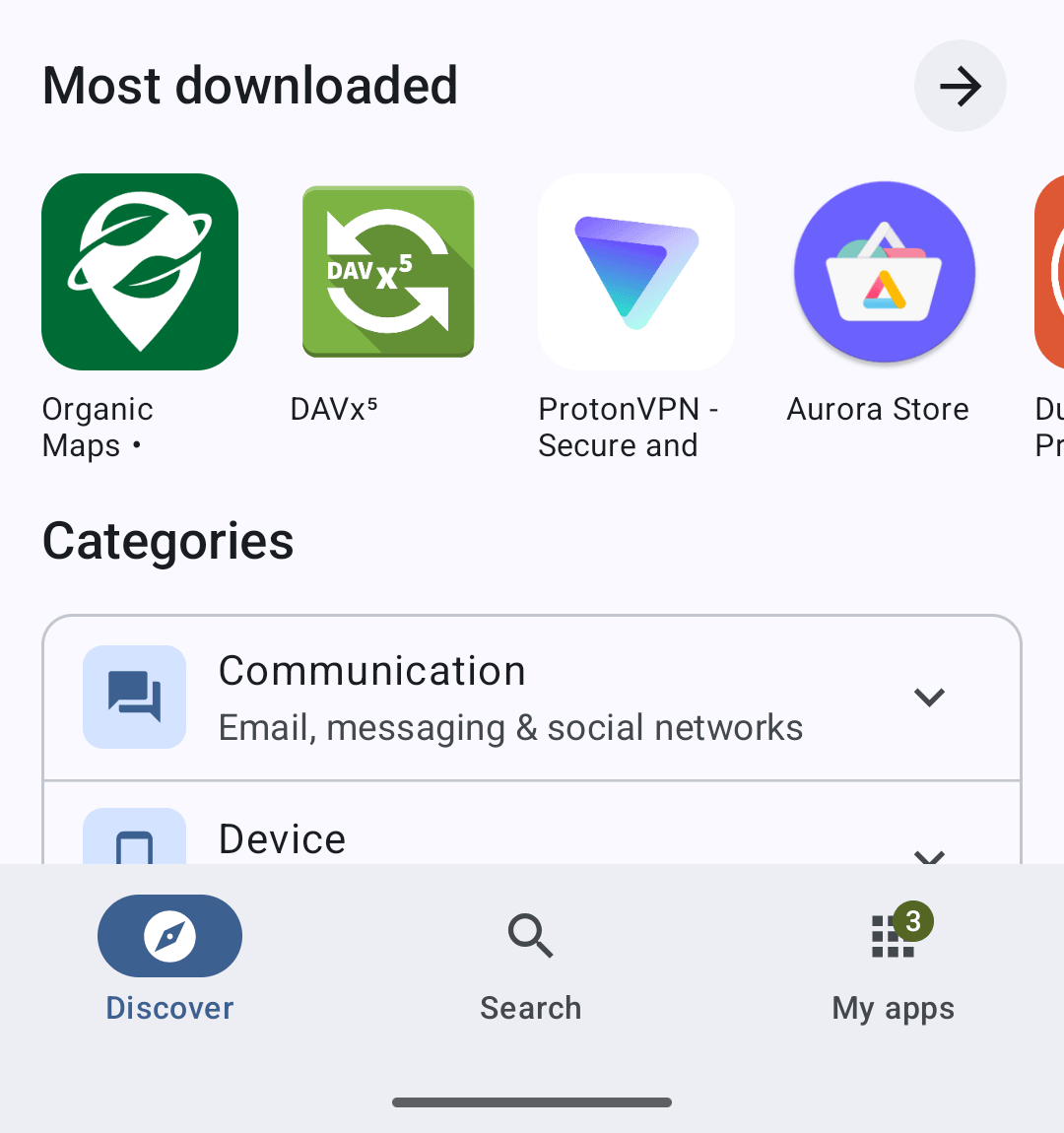 The bottom of the new F-Droid Discover screen: the Most downloaded shelf and the category browser above the three-tab navigation bar showing Discover, Search and My apps.