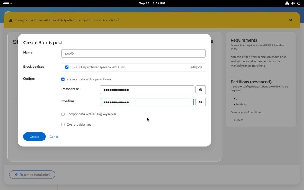 The Cockpit storage screen in the Anaconda installer creating a Stratis pool: a name, the disk to place it on, and encryption and over-provisioning options.