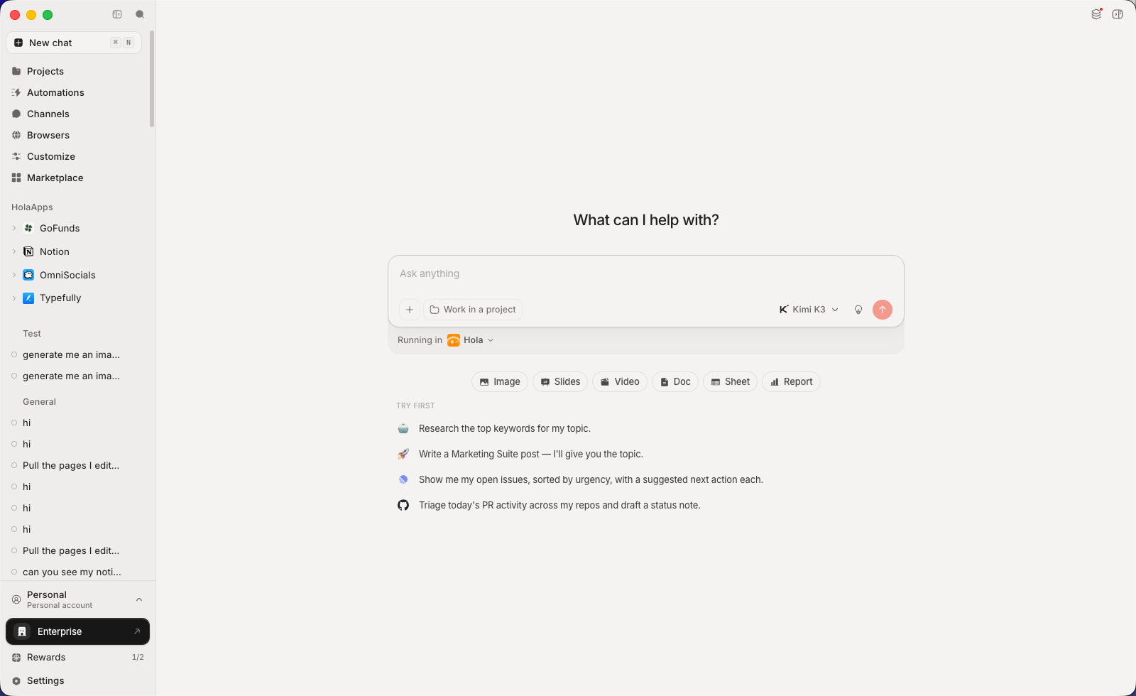 The HolaOS desktop workspace: a sidebar of apps and agents on the left, an app open in the centre, and the agent panel beside it.