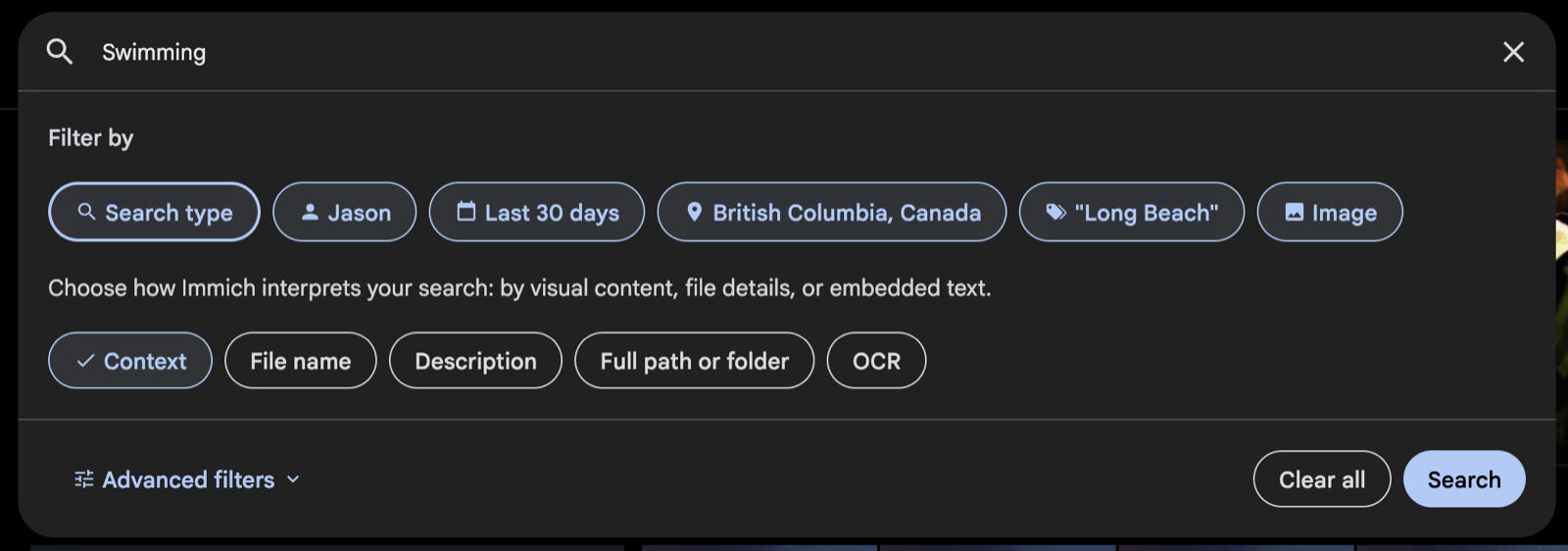 Immich 3.2's rebuilt search modal: person, date, location and tag filters stacked in one query, with the interpretation modes below.