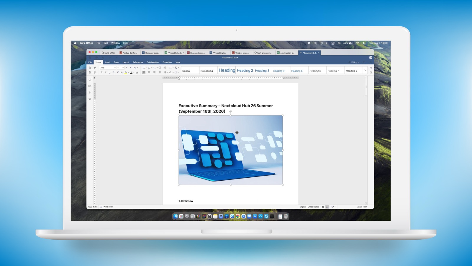 The Euro-Office desktop client on a laptop, a document open in the editor.