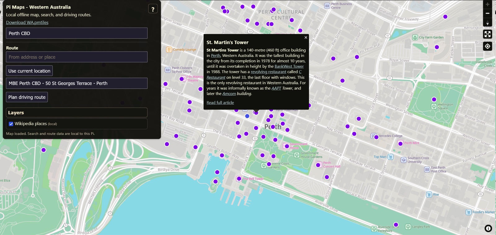 The Pi Maps web UI showing central Perth: a search for Perth CBD, a driving-route form, the Wikipedia places layer enabled, and a popup for St. Martin's Tower.