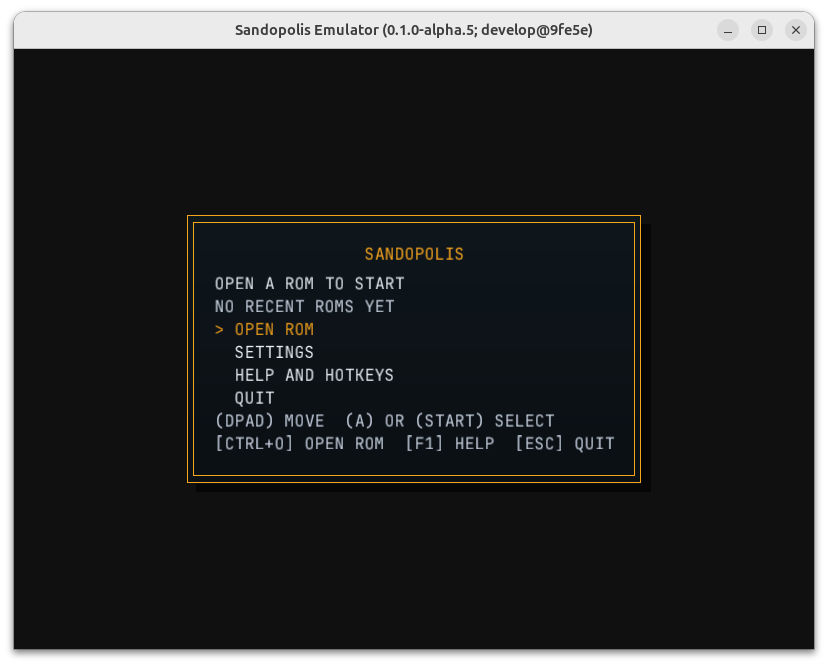 The Sandopolis emulator's start window: an orange-bordered menu offering Open ROM, Settings, Help and Hotkeys and Quit, with a legend for gamepad and keyboard controls.