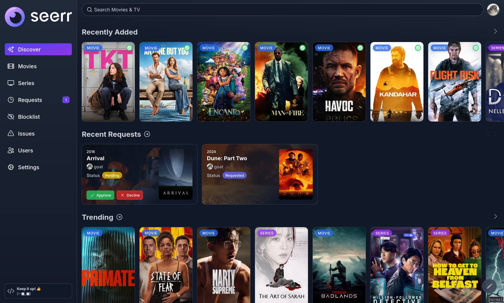 The Seerr Discover page in dark mode: recently added, recent requests and trending rows of film and series posters.
