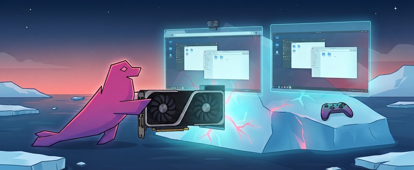 Release artwork: a seal-like creature holding a graphics card, with two desktop screens floating over snow and ice.